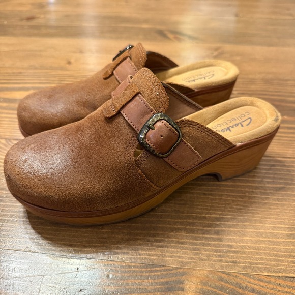 Clarks Collection Leather Heeled Clog Paizlee Nora Brown Womens 7.5 Block‎ Heel - Picture 1 of 8